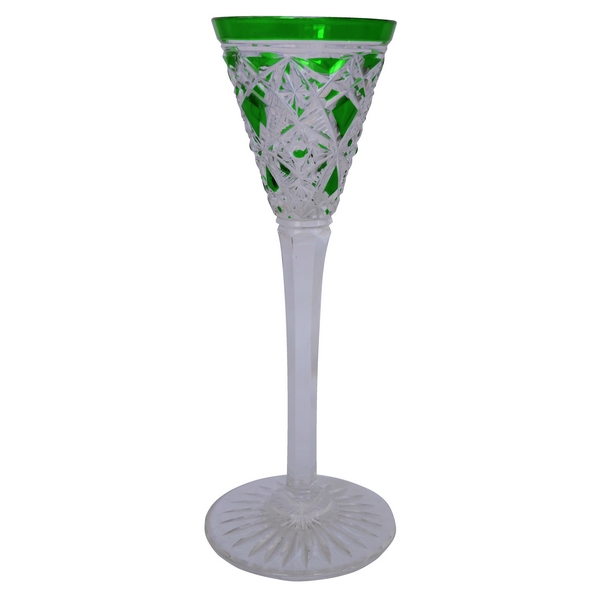 Baccarat crystal liquor glass, Lagny pattern, green overlay crystal