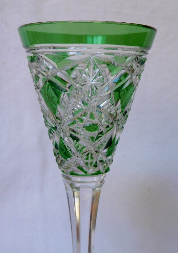 Baccarat crystal liquor glass, Lagny pattern, green overlay crystal