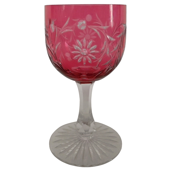 Baccarat crystal wine glass, pink overlay crystal, Maintenon pattern