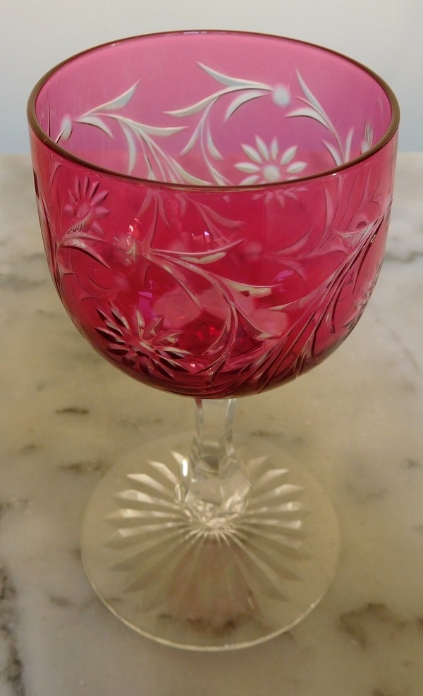 Baccarat crystal wine glass, pink overlay crystal, Maintenon pattern