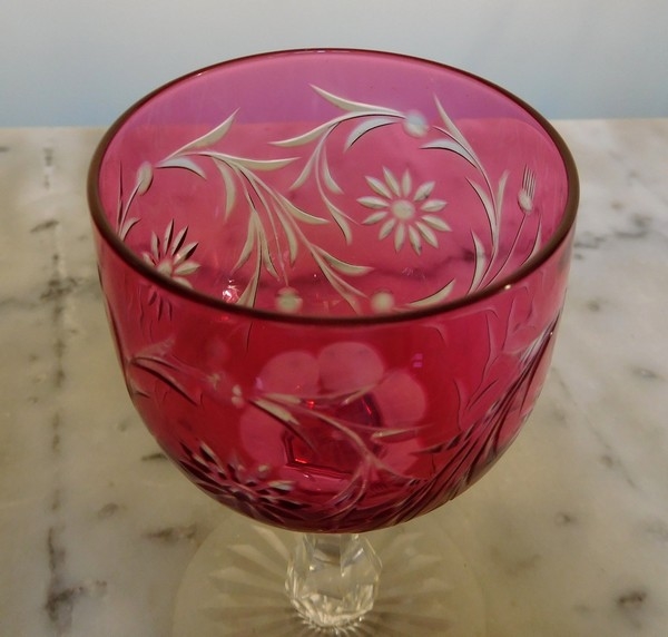 Baccarat crystal wine glass, pink overlay crystal, Maintenon pattern