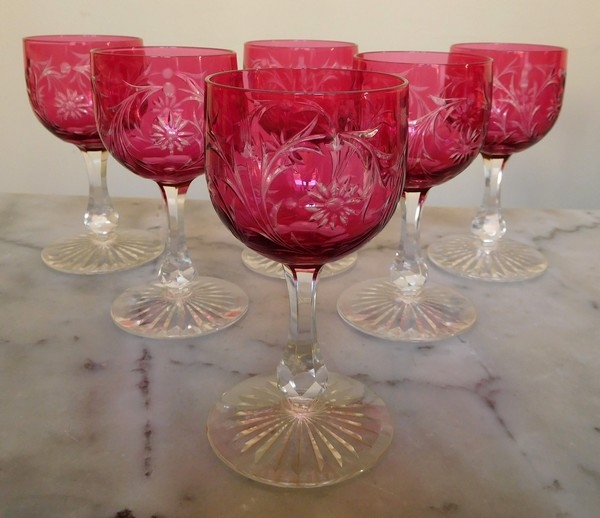 Baccarat crystal wine glass, pink overlay crystal, Maintenon pattern