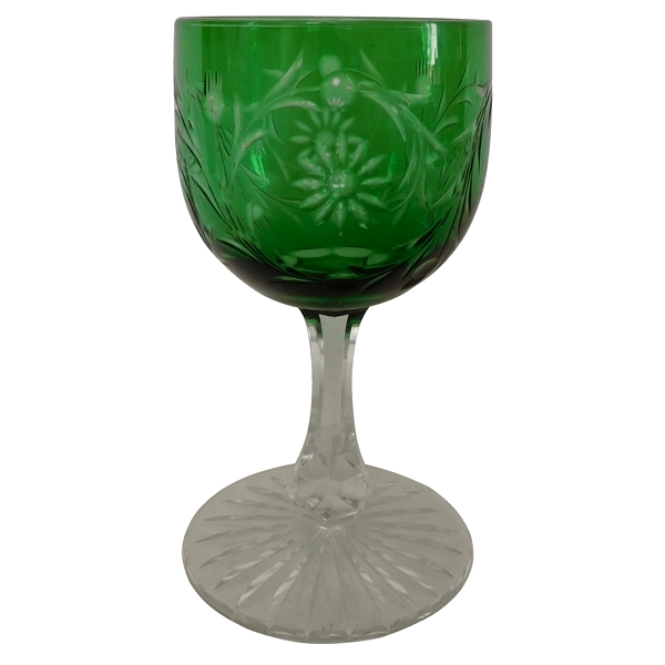 Baccarat crystal wine glass, green overlay crystal, Maintenon pattern