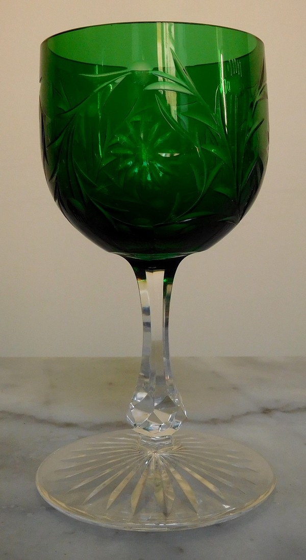 Baccarat crystal wine glass, green overlay crystal, Maintenon pattern