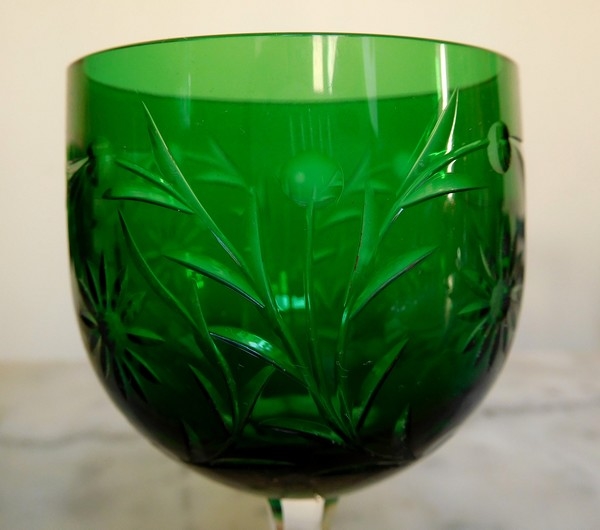 Baccarat crystal wine glass, green overlay crystal, Maintenon pattern