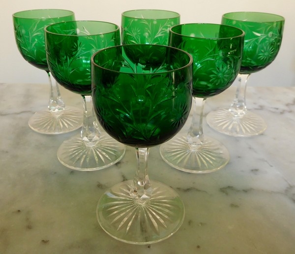 Baccarat crystal wine glass, green overlay crystal, Maintenon pattern