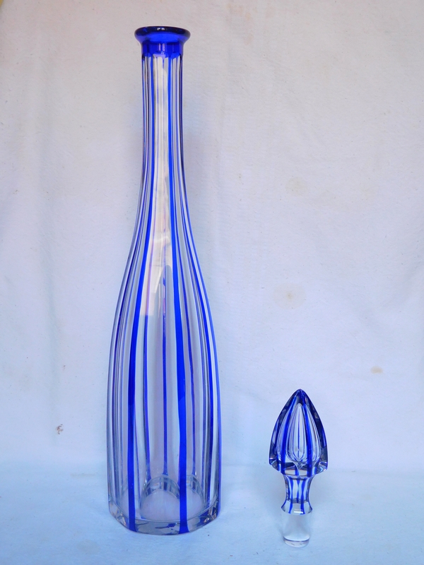 Baccarat tall blue overlay crystal decanter, Malmaison pattern