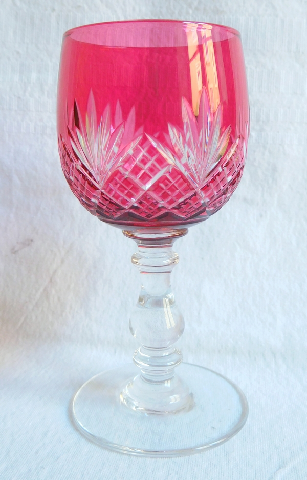 Baccarat crystal port glass, pink overlay cut crystal, Douai pattern