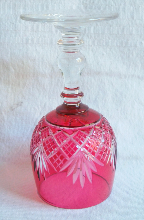 Baccarat crystal port glass, pink overlay cut crystal, Douai pattern