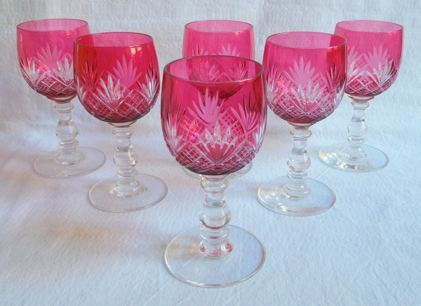 Baccarat crystal port glass, pink overlay cut crystal, Douai pattern