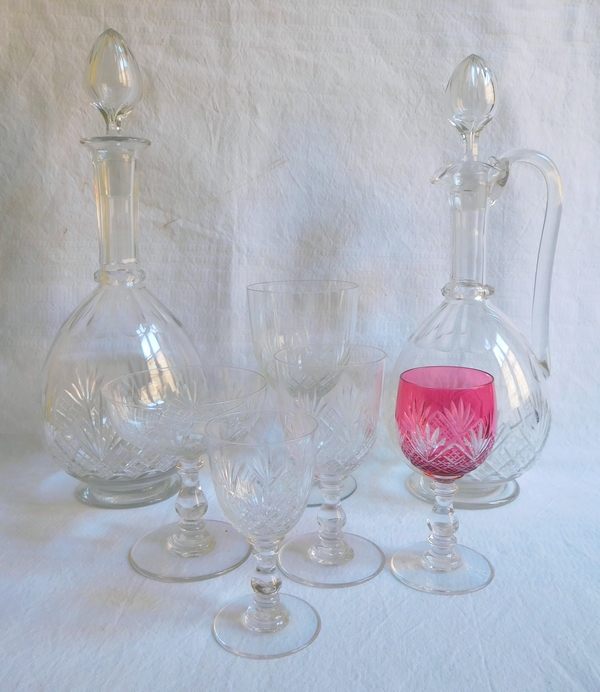 Baccarat crystal port glass, pink overlay cut crystal, Douai pattern