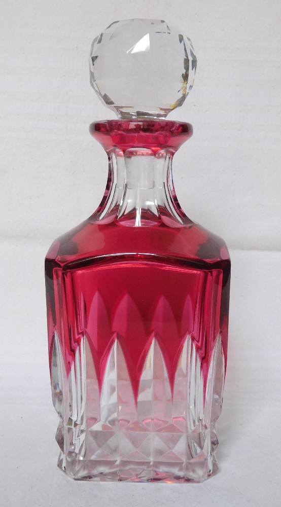 Baccarat crystal whisky or brandy decanter, pink overlay - signed