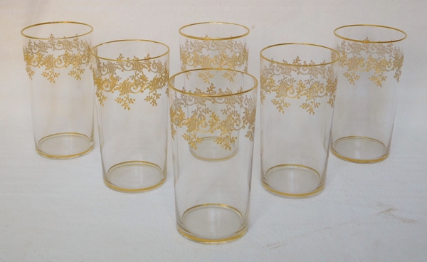 Baccarat crystal water glass / goblet, Sevigne pattern enhanced with fine gold / Recamier pattern - 10cm