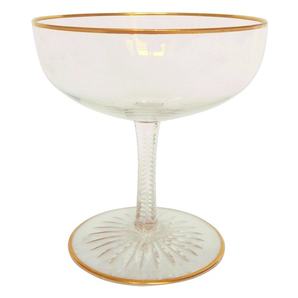 Baccarat crystal champagne glass, F shape, cut crystal enhanced with fine gold