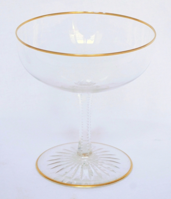 Baccarat crystal champagne glass, F shape, cut crystal enhanced with fine gold