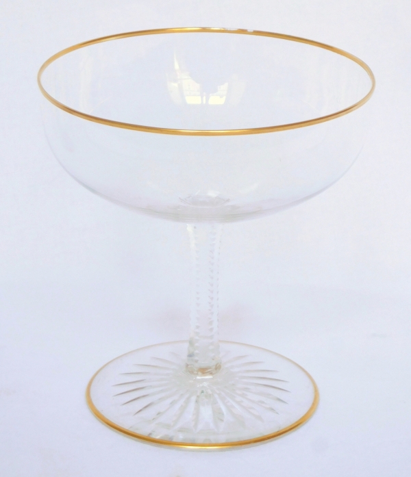 Baccarat crystal champagne glass, F shape, cut crystal enhanced with fine gold