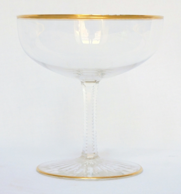 Baccarat crystal champagne glass, F shape, cut crystal enhanced with fine gold