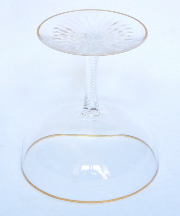 Baccarat crystal champagne glass, F shape, cut crystal enhanced with fine gold