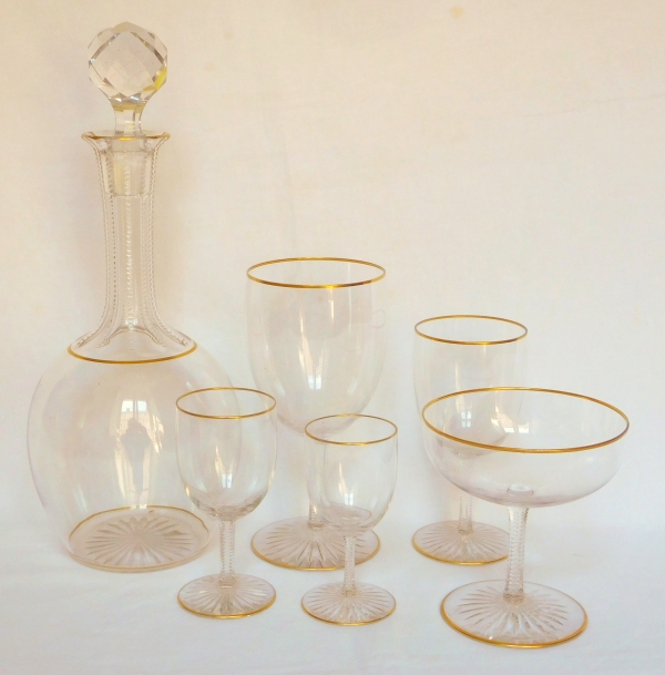 Baccarat crystal champagne glass, F shape, cut crystal enhanced with fine gold