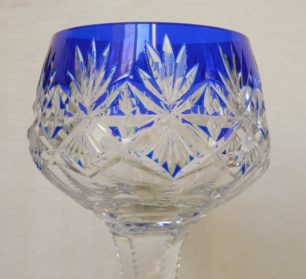 St Louis crystal hock glass, Gavarni pattern, cobalt blue overlay crystal