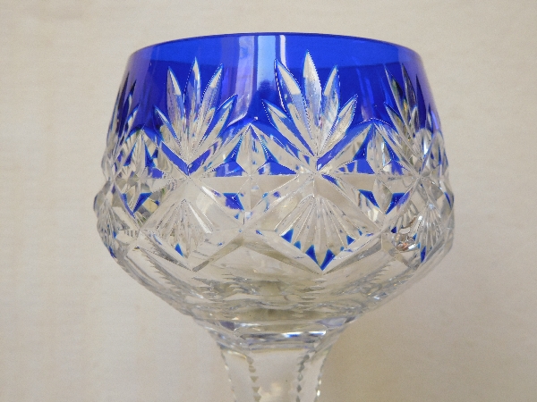 St Louis crystal hock glass, Gavarni pattern, cobalt blue overlay crystal