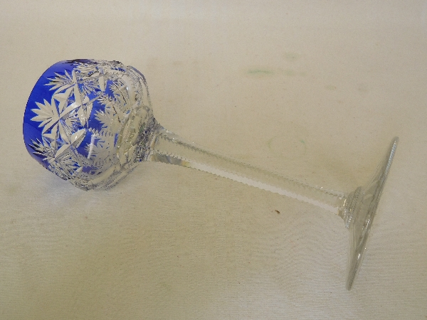 St Louis crystal hock glass, Gavarni pattern, cobalt blue overlay crystal