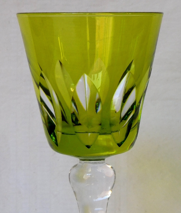 Rare light green St Louis overlay crystal hock glass, Jersey pattern - signed