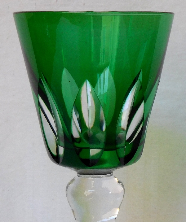 Rare green St Louis overlay crystal hock glass, Jersey pattern - signed