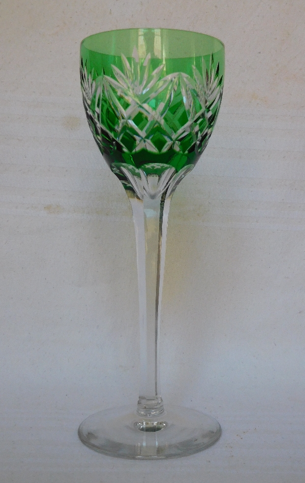 St Louis crystal hock glass, green overlay, Lothaire pattern