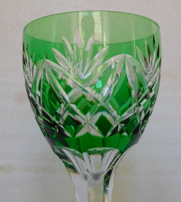 St Louis crystal hock glass, green overlay, Lothaire pattern