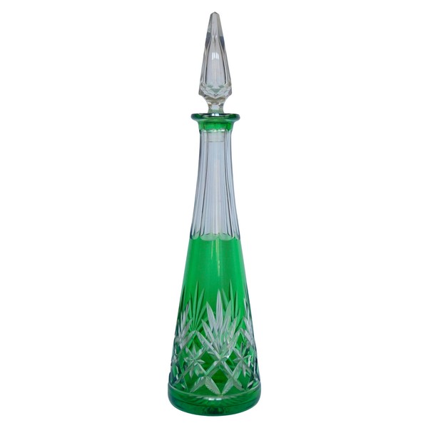 St Louis crystal liquor decanter, green overlay, Masset pattern