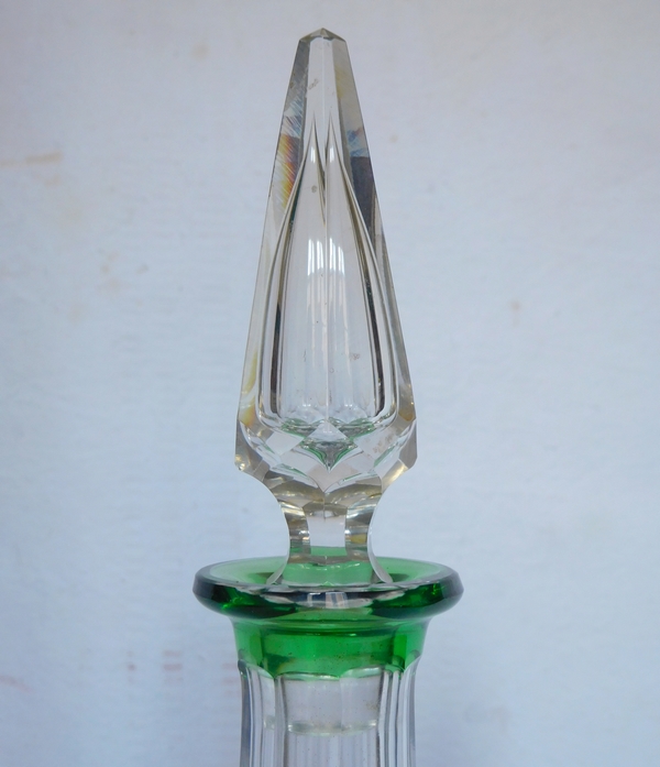 St Louis crystal liquor decanter, green overlay, Masset pattern