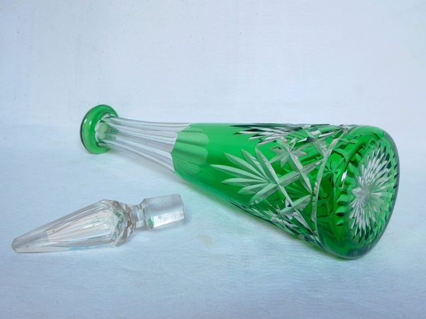 St Louis crystal liquor decanter, green overlay, Masset pattern