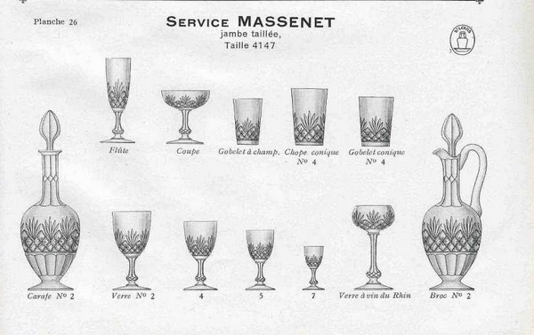 St Louis crystal champagne glass, Massenet pattern - signed