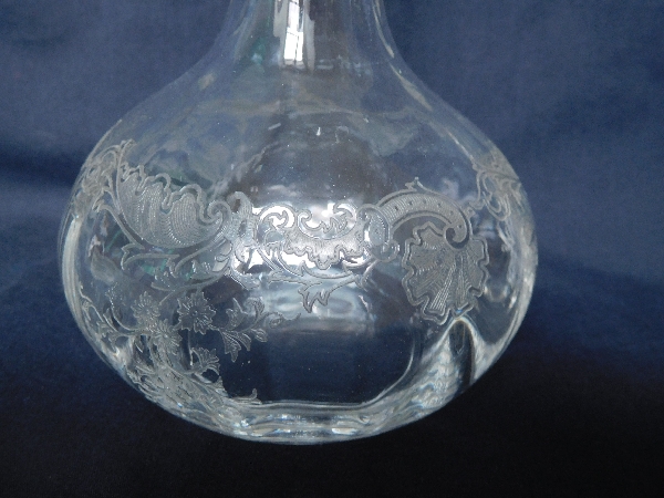 St Louis crystal liquor decanter, Massenet pattern Louis XV style engraving