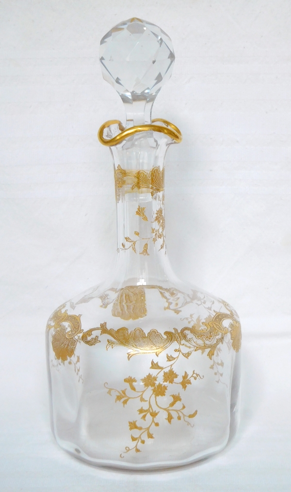 St Louis crystal tall liquor decanter, Massenet pattern Louis XV style engraving