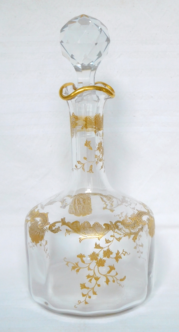 St Louis crystal tall liquor decanter, Massenet pattern Louis XV style engraving