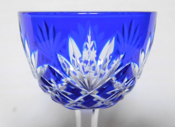 St Louis overlay crystal liquor glass, Massenet pattern, cobalt blue overlay crystal