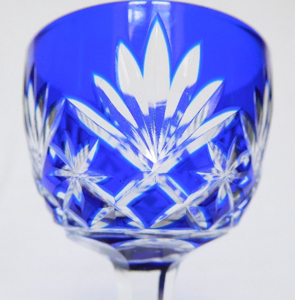 St Louis overlay crystal liquor glass, Massenet pattern, cobalt blue overlay crystal