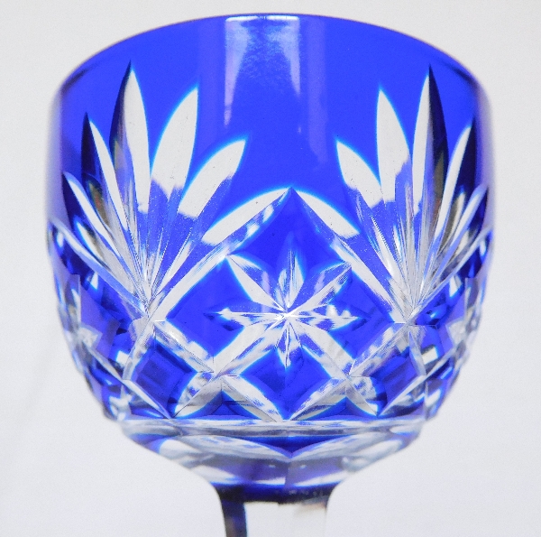 St Louis overlay crystal liquor glass, Massenet pattern, cobalt blue overlay crystal