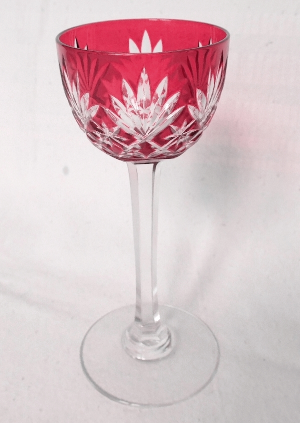 St Louis overlay crystal liquor glass, Massenet pattern, pink overlay crystal