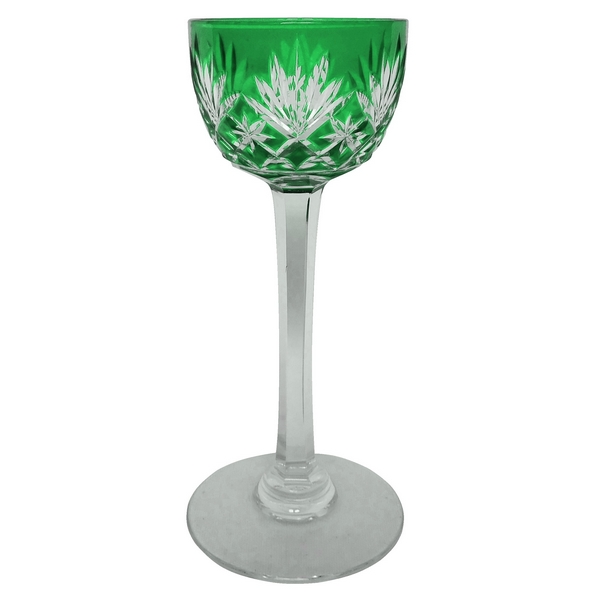 St Louis overlay crystal liquor glass, Massenet pattern, green overlay crystal