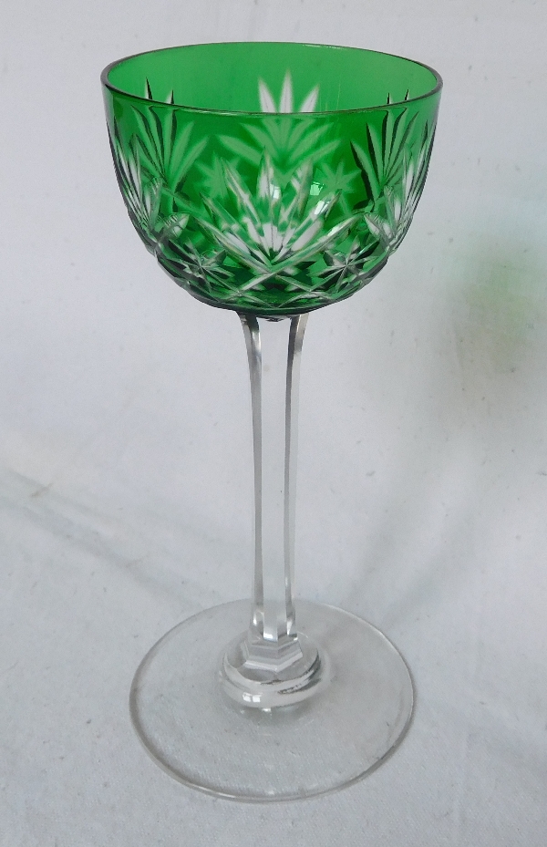 St Louis overlay crystal liquor glass, Massenet pattern, green overlay crystal