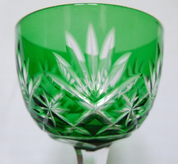 St Louis overlay crystal liquor glass, Massenet pattern, green overlay crystal