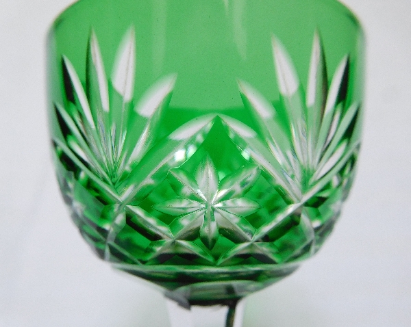 St Louis overlay crystal liquor glass, Massenet pattern, green overlay crystal