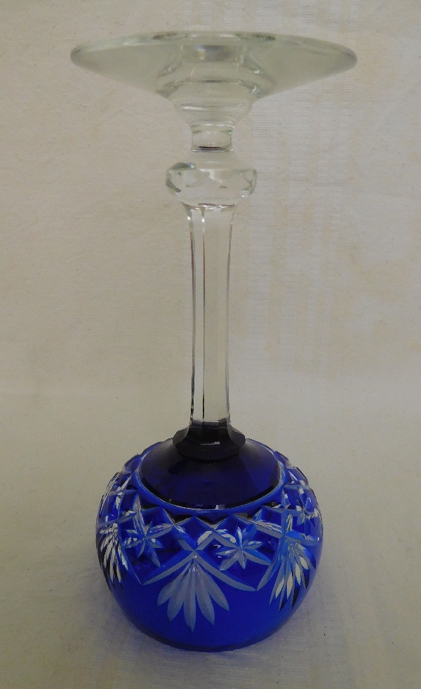 St Louis overlay crystal hock glasse, Massenet pattern, cobalt blue overlay crystal - signed