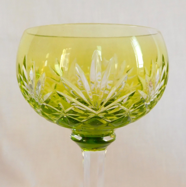 St Louis overlay crystal hock glass, Massenet pattern, light green overlay crystal - signed