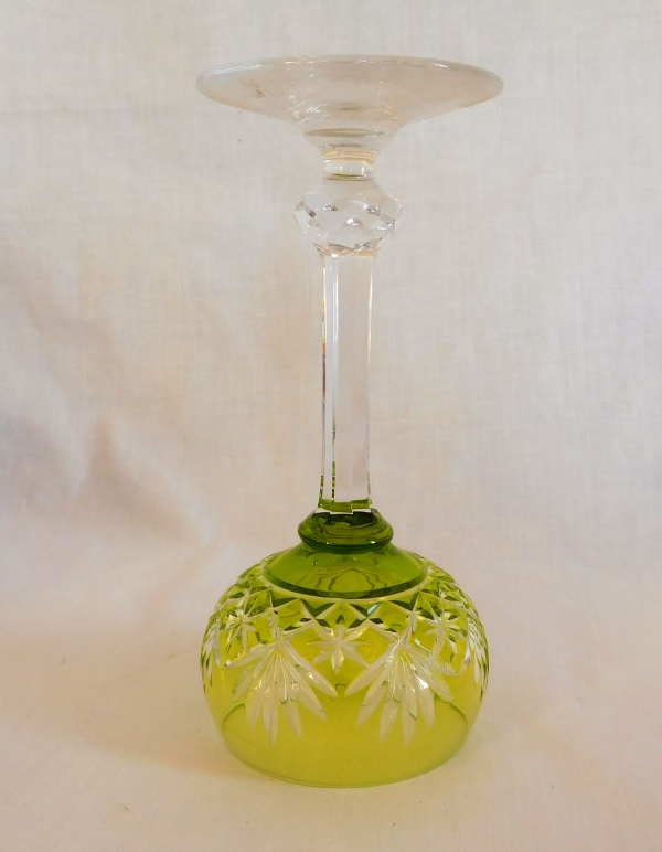 St Louis overlay crystal hock glass, Massenet pattern, light green overlay crystal - signed