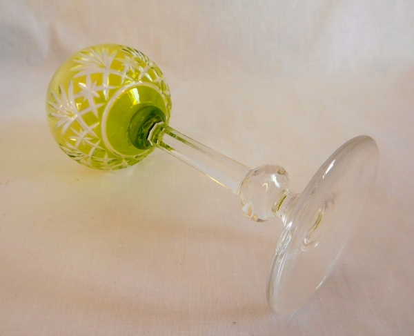 St Louis overlay crystal hock glass, Massenet pattern, light green overlay crystal - signed