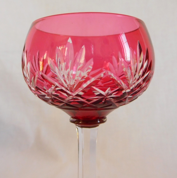 St Louis overlay crystal hock glass, Massenet pattern, pink overlay crystal - signed